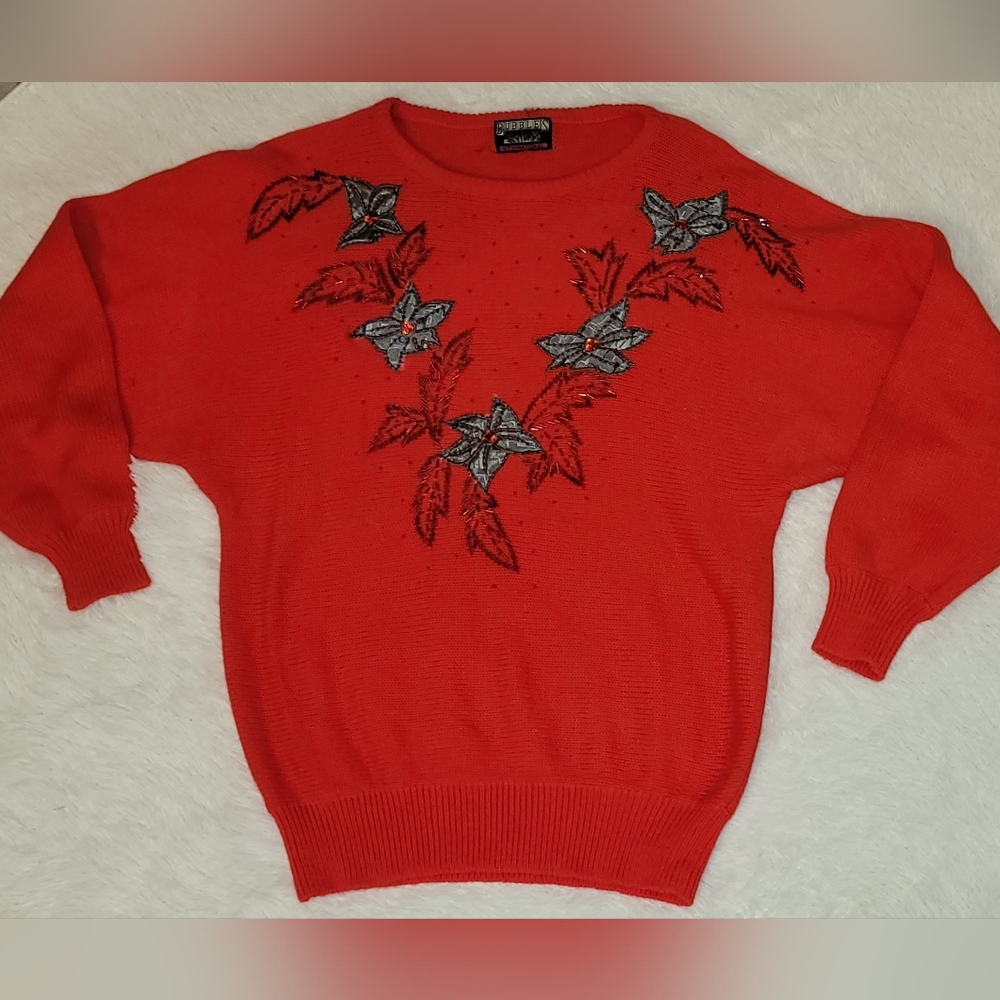 Vintage 80's Bubbles International Red Wool Poinsettia Wool sweater